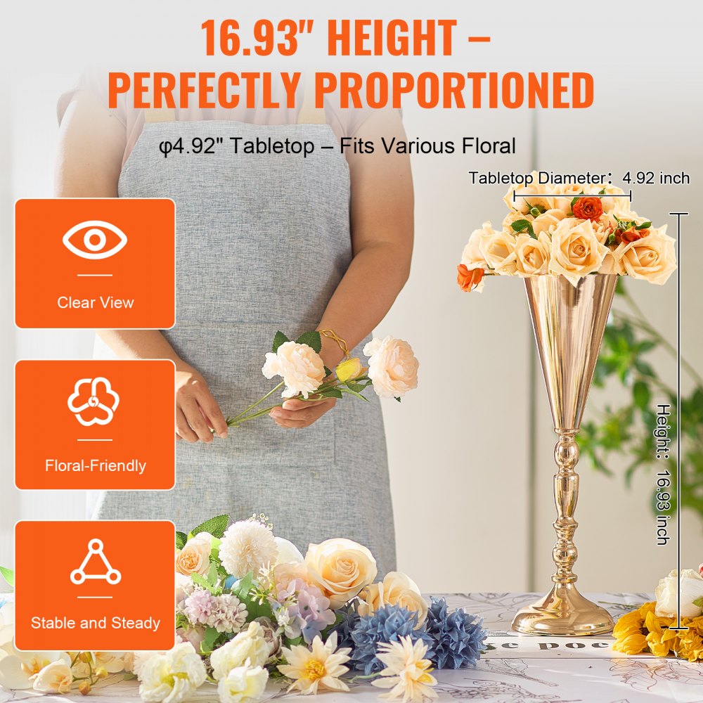 VEVOR 10PCS 43cm/16.9” Tall Wedding Flower Vase, Metal Wedding Trumpet Centerpiece, Gold Floral Stand Display Rack for Tables Wedding Dinner Party, Anniversary Ceremony Birthday Event Decor