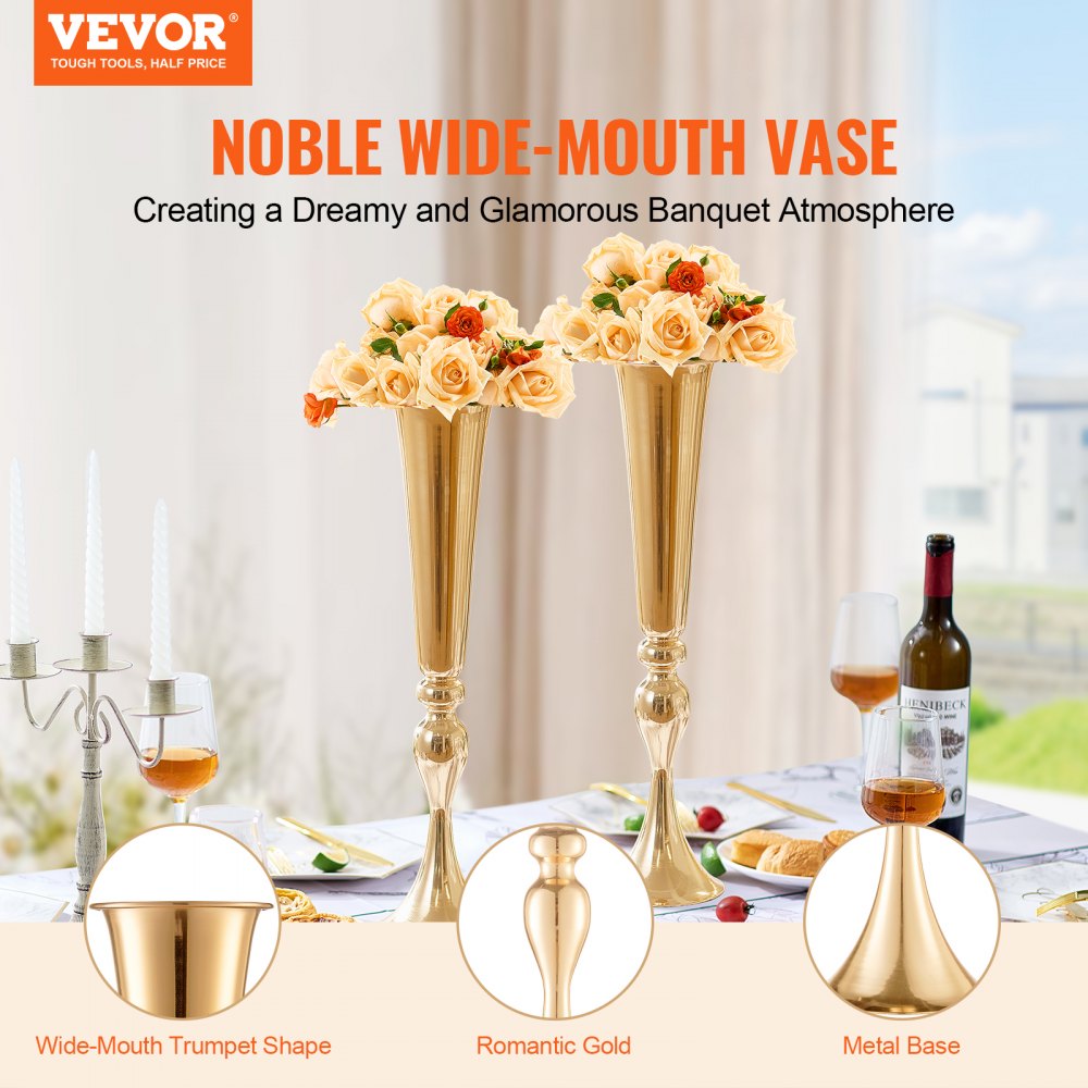 VEVOR 2PCS 56cm/22.05” Tall Wedding Flower Vase, Metal Wedding Trumpet Centerpiece, Gold Floral Stand Display Rack for Tables Wedding Dinner Party, Anniversary Ceremony Birthday Event Decor