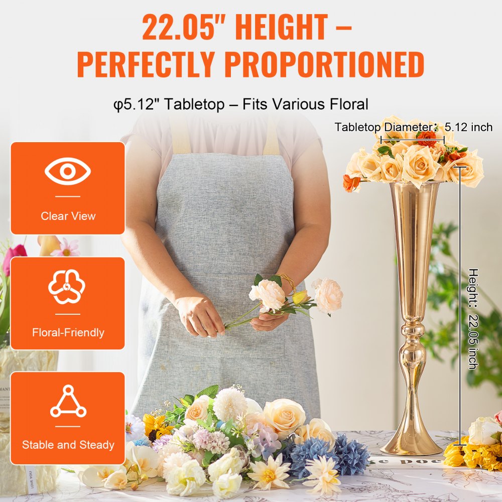 VEVOR 2PCS 56cm/22.05” Tall Wedding Flower Vase, Metal Wedding Trumpet Centerpiece, Gold Floral Stand Display Rack for Tables Wedding Dinner Party, Anniversary Ceremony Birthday Event Decor