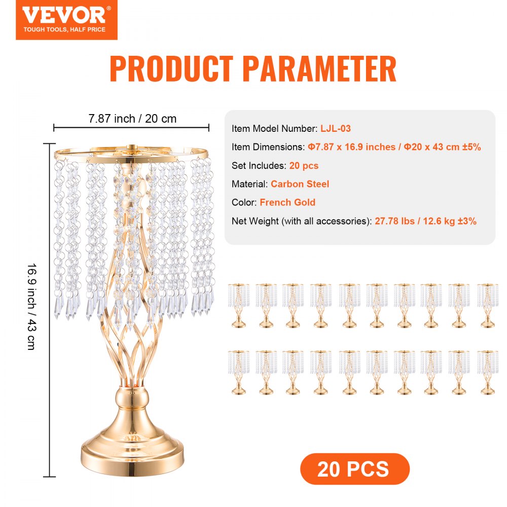 VEVOR 20PCS 43cm/16.9” Tall Crystal Wedding Flower Stand, Metal Wedding Centerpiece Vase, Gold Flower Holders Floral Display Rack for Tables Wedding Dinner Party, Ceremony Birthday Event Decor