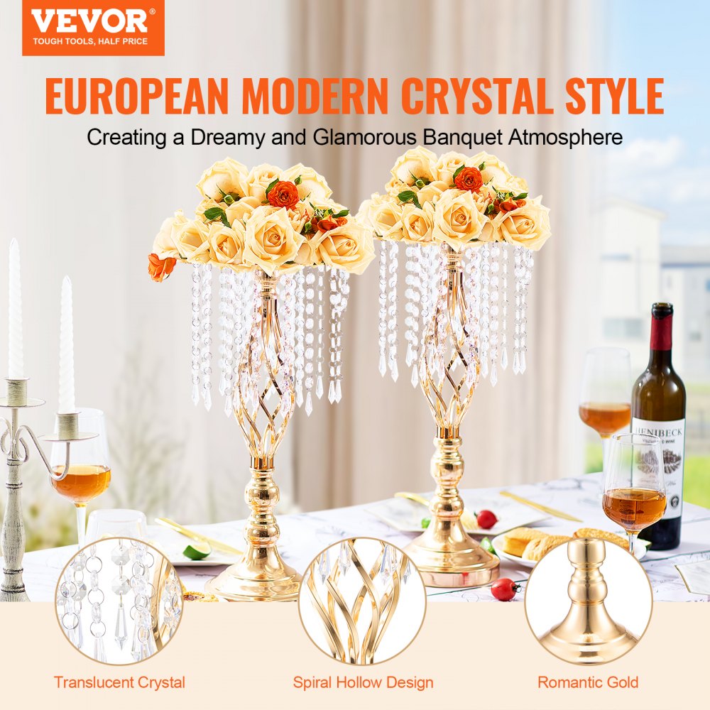 VEVOR 12PCS 49cm/19.3” Tall Crystal Wedding Flower Stand, Metal Wedding Centerpiece Vase, Gold Flower Holders Floral Display Rack for Tables Wedding Dinner Party, Ceremony Birthday Event Decor