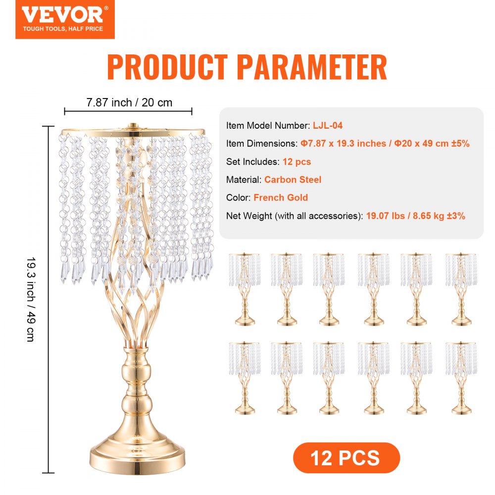 VEVOR 12PCS 49cm/19.3” Tall Crystal Wedding Flower Stand, Metal Wedding Centerpiece Vase, Gold Flower Holders Floral Display Rack for Tables Wedding Dinner Party, Ceremony Birthday Event Decor