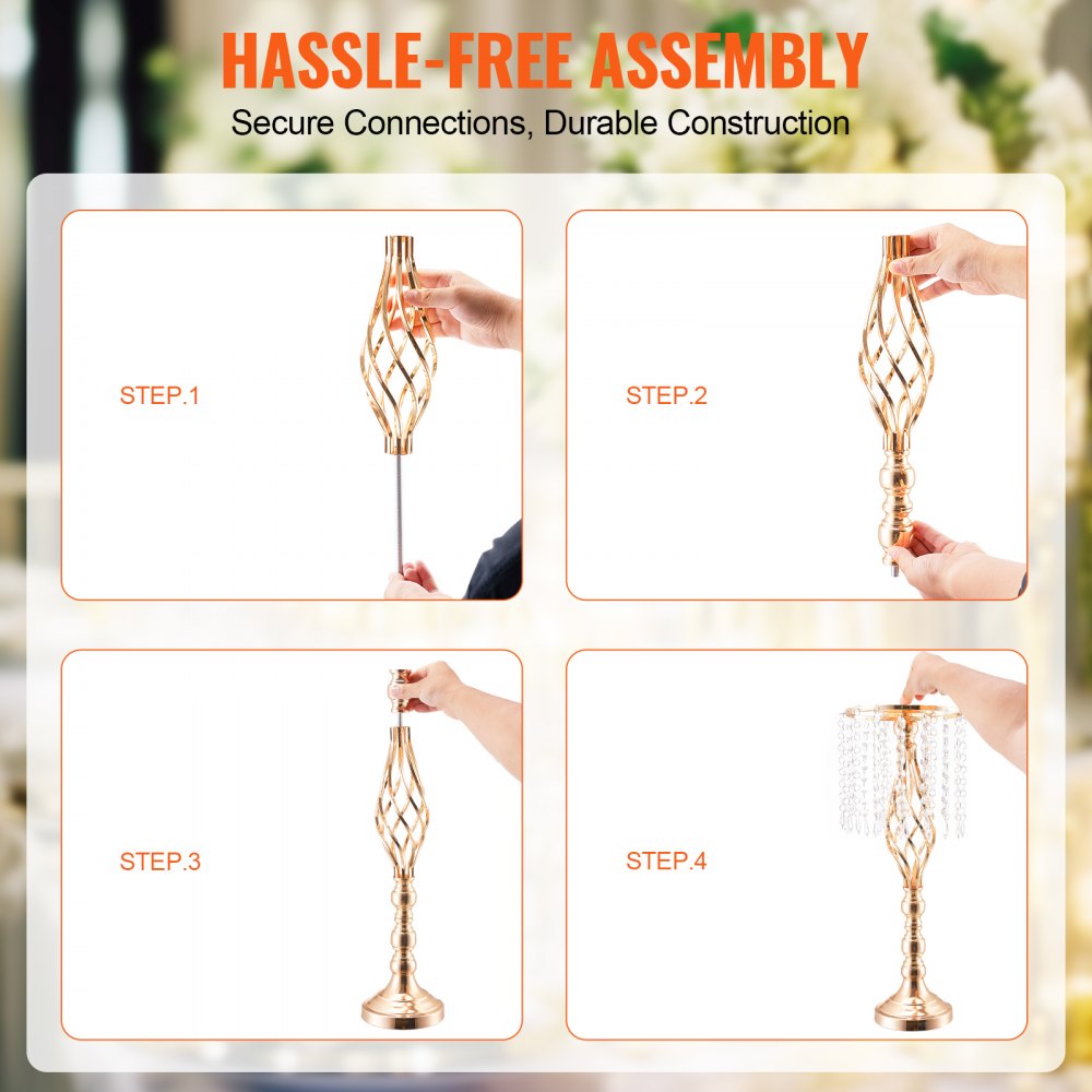 VEVOR 2PCS 55cm/21.65” Tall Crystal Wedding Flower Stand, Metal Wedding Centerpiece Vase, Gold Flower Holders Floral Display Rack for Tables Wedding Dinner Party, Ceremony Birthday Event Decor