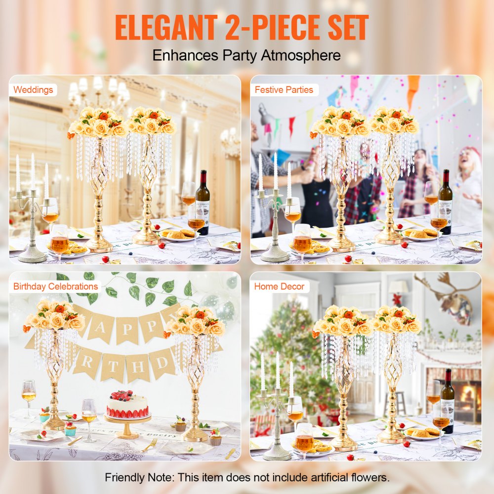 VEVOR 2PCS 55cm/21.65” Tall Crystal Wedding Flower Stand, Metal Wedding Centerpiece Vase, Gold Flower Holders Floral Display Rack for Tables Wedding Dinner Party, Ceremony Birthday Event Decor