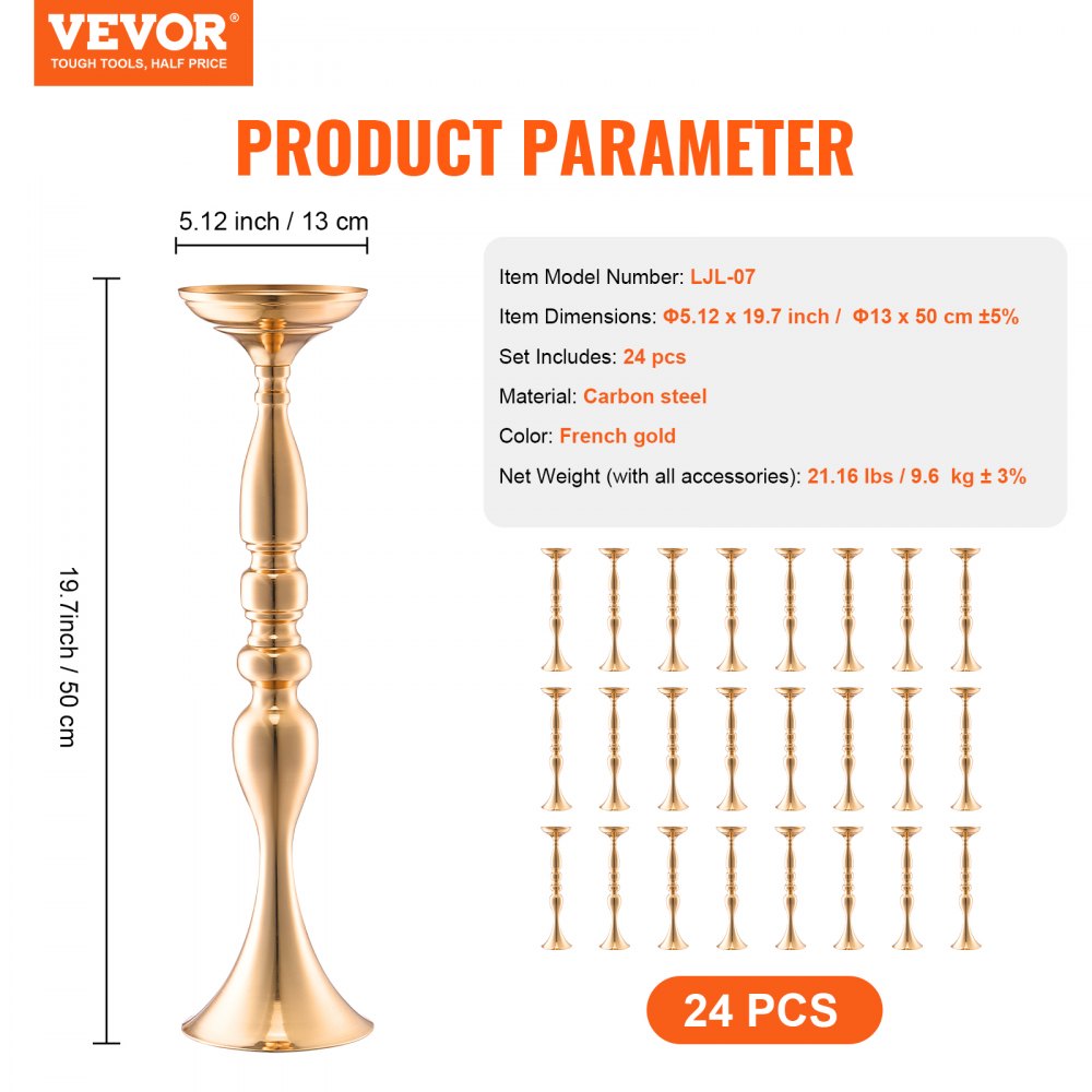 VEVOR 24PCS 50cm/19.7” Tall Wedding Flower Vase, Metal Wedding Centerpiece, Gold Floral Arrangement Stand Display Rack for Tables Wedding Dinner Party, Anniversary Ceremony Birthday Event Decor