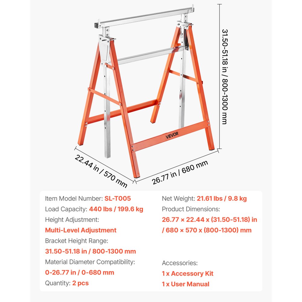 VEVOR Saw Horses, 2 Pack Folding Work Horses, 440 lbs Load Capacity Sawhorse with Heavy Duty Legs, Adjustable Height Saw Horse with Non-Slip Foot Pads, for Woodworking, Carpenters & Contractors