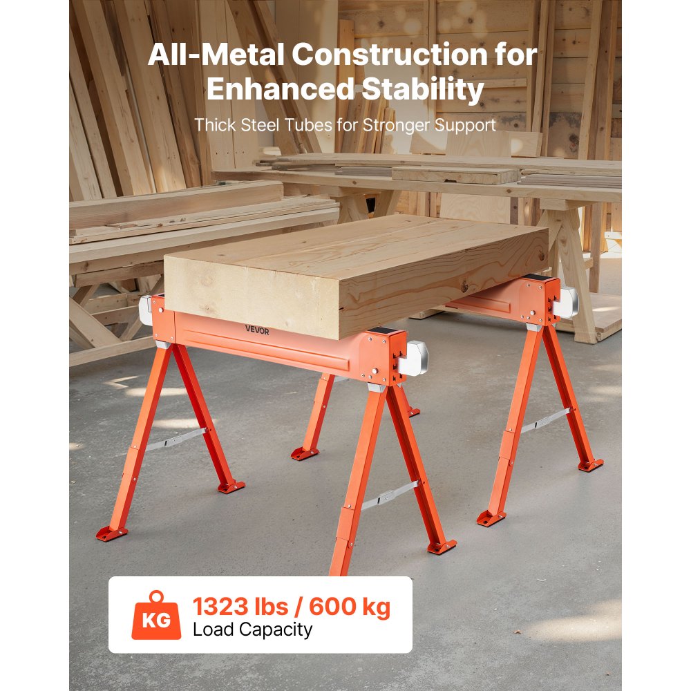 VEVOR Saw Horses, 2 Pack Folding Work Horses, 1323 lbs Load Capacity Sawhorse with Heavy Duty Legs, All-Metal Portable Saw Horse with Non-Slip Foot Pads, for Woodworking, Carpenters & Contractors