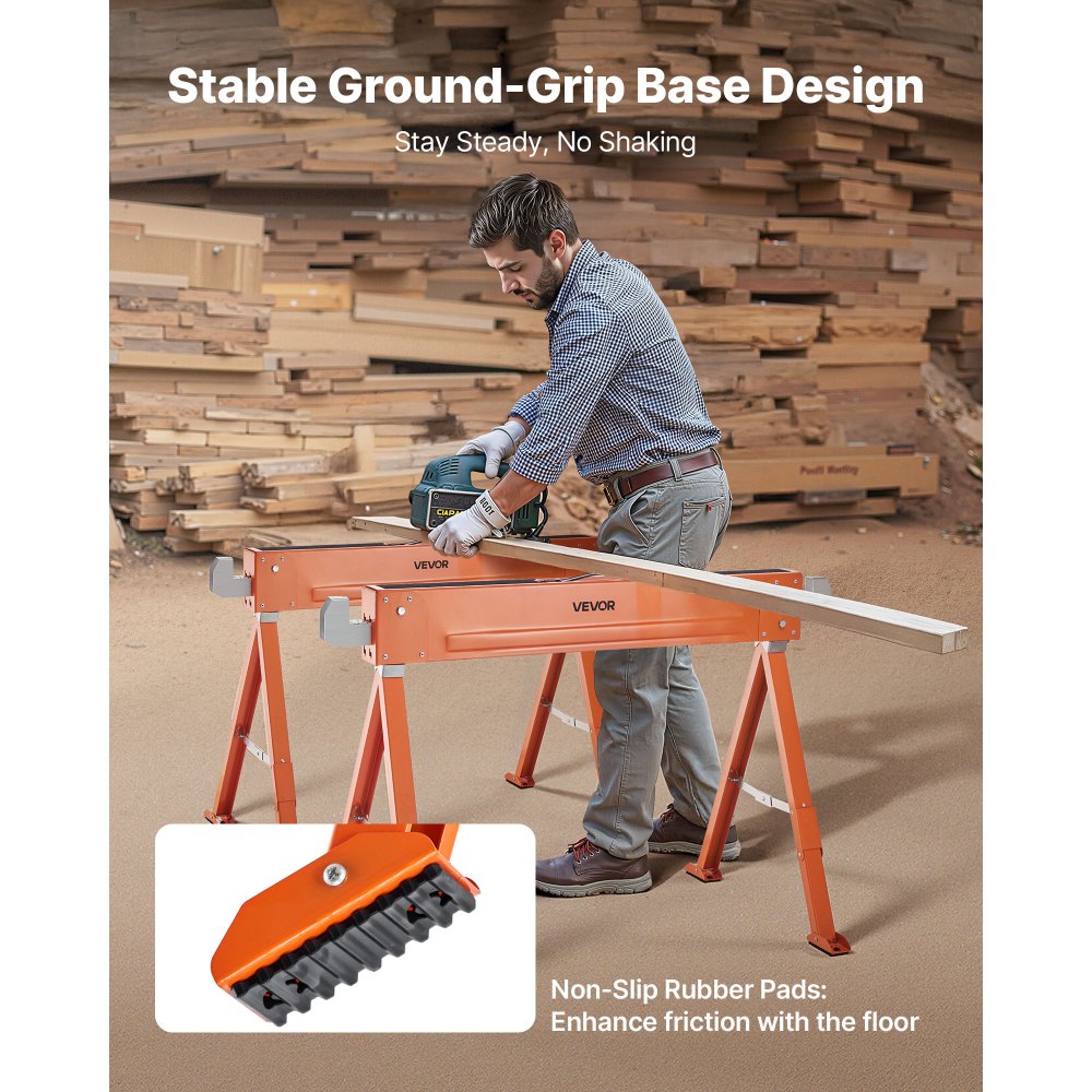 VEVOR Saw Horses, 2 Pack Folding Work Horses, 1323 lbs Load Capacity Sawhorse with Heavy Duty Legs, All-Metal Portable Saw Horse with Non-Slip Foot Pads, for Woodworking, Carpenters & Contractors