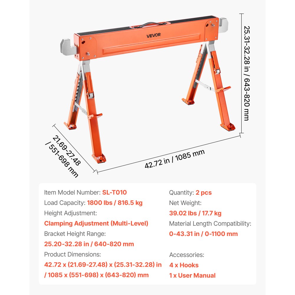 VEVOR Saw Horses, 2 Pack Folding Work Horses, 1800 lbs Load Capacity Sawhorse with Heavy Duty Legs, Adjustable Height Saw Horse with Non-Slip Foot Pads, for Woodworking, Carpenters & Contractors