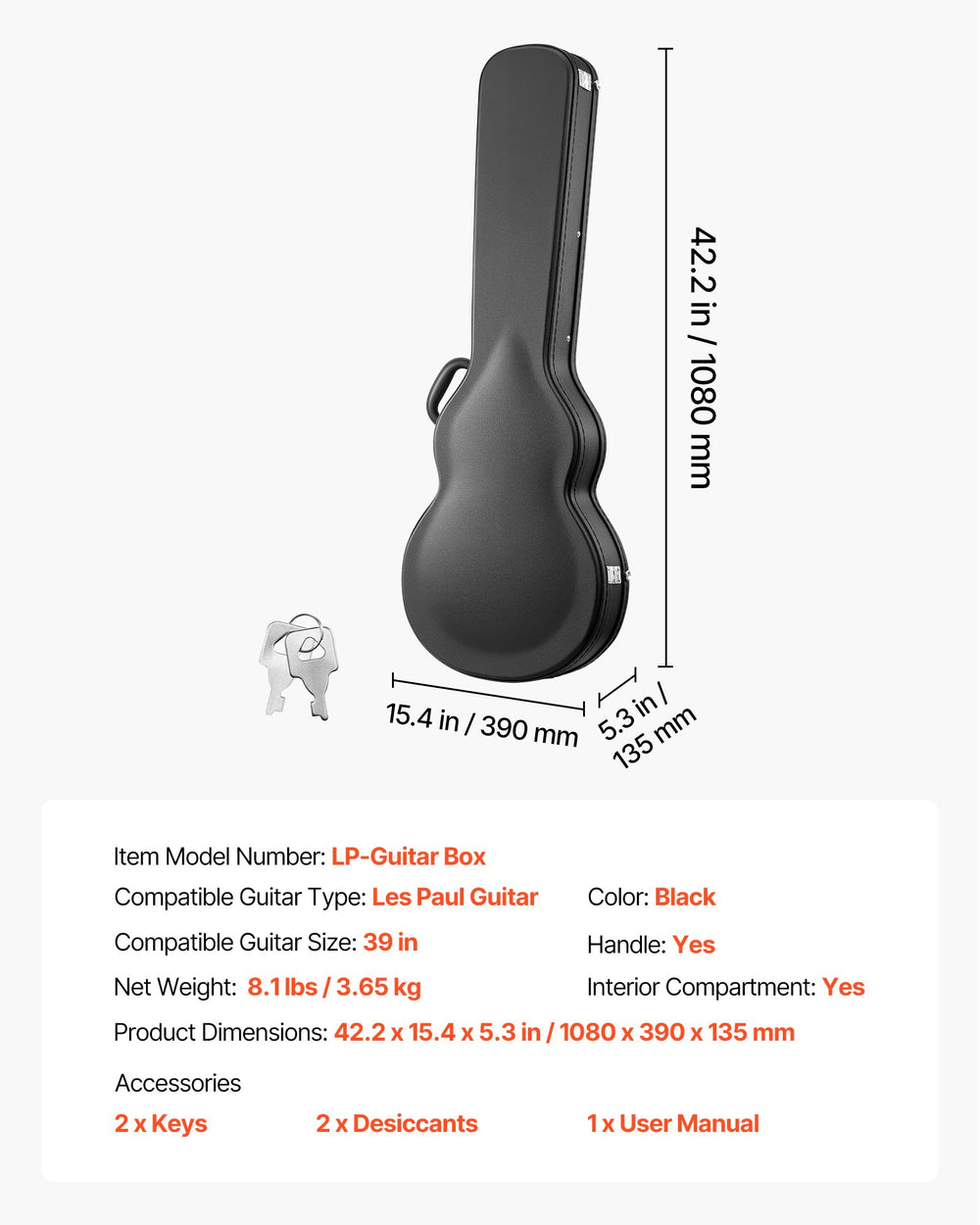 VEVOR Electric Guitar Hard Case, 42.2 Inch, Wooden Hard-Shell Protective Carrying Case with Lock Latch, Sponge Lining, Keys, Accessory Compartment, Water-Resistant, for 39 Inch Les Paul Guitars, Black