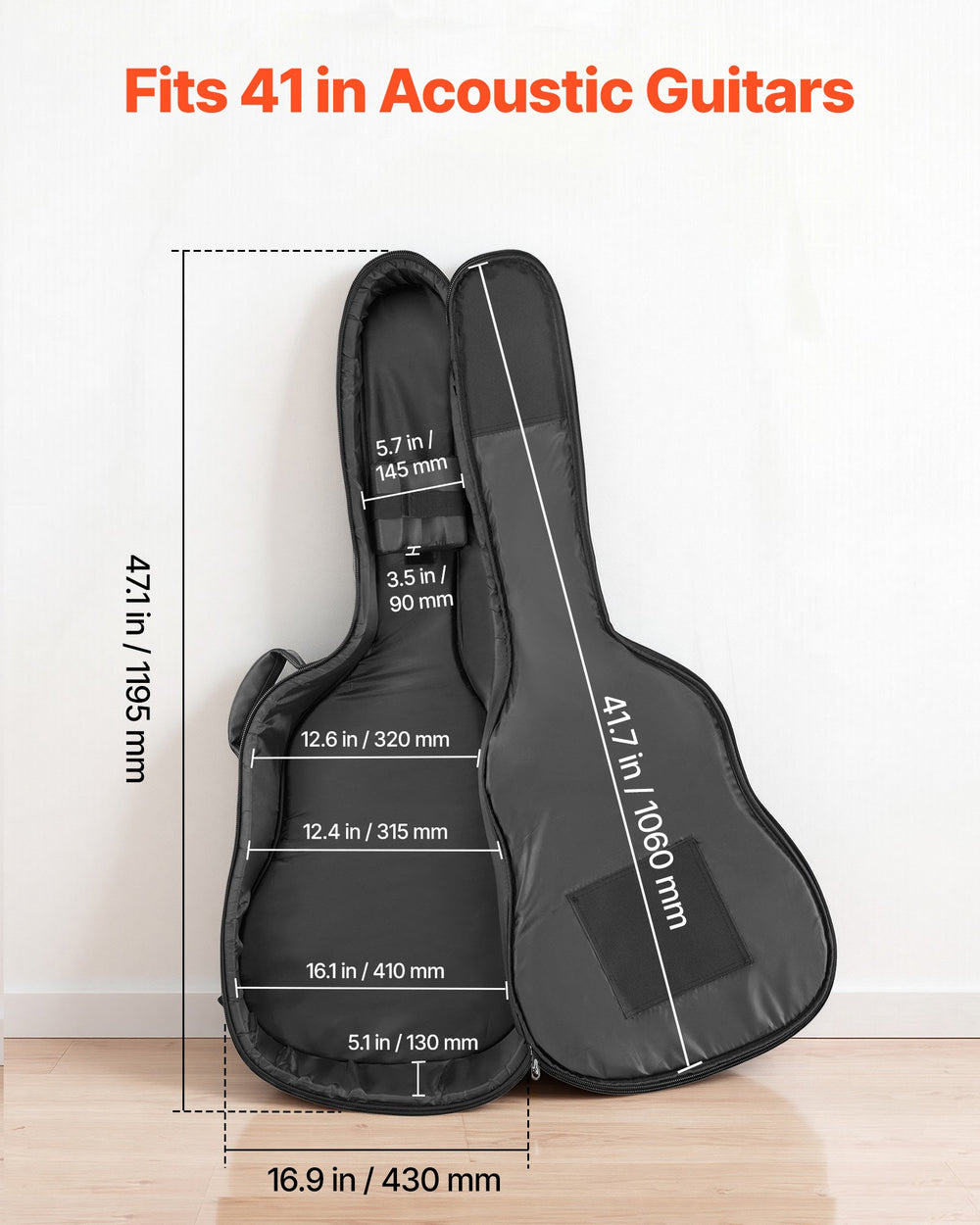 VEVOR Acoustic Guitar Hard Case, 47.1 Inch, Hard-Shell Protective Travel Carrying Case with Accessory Compartment, Foam Padding, Portable Handle, Shoulder Straps, for 41 Inch Acoustic Guitars, Black
