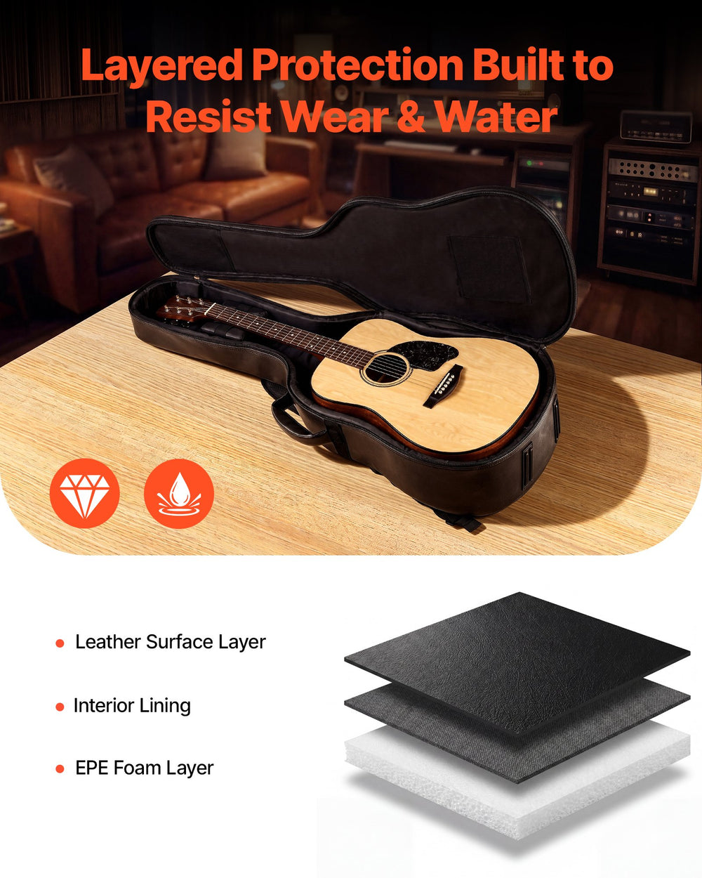 VEVOR Acoustic Guitar Hard Case, 47.1 Inch, Hard-Shell Protective Travel Carrying Case with Accessory Compartment, Foam Padding, Portable Handle, Shoulder Straps, for 41 Inch Acoustic Guitars, Black