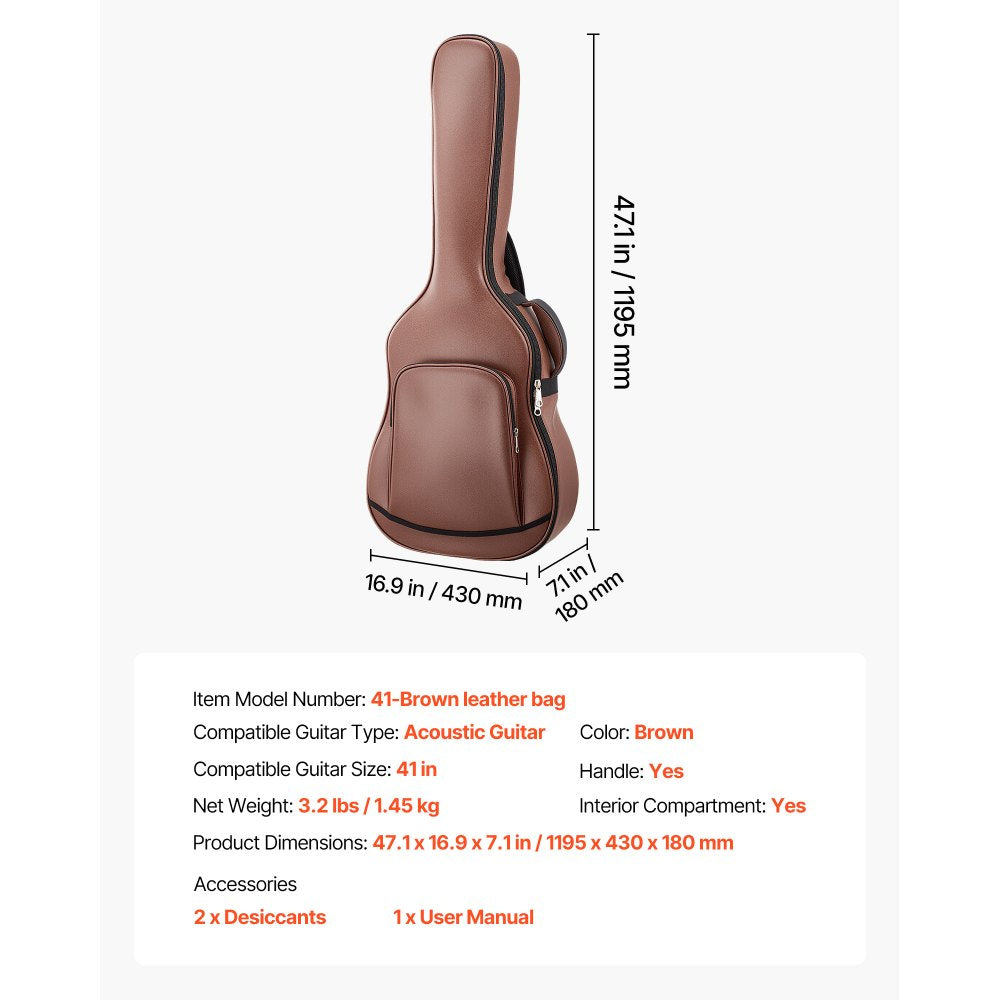 VEVOR Acoustic Guitar Hard Case, 47.1 Inch, Hard-Shell Protective Travel Carrying Case with Accessory Compartment, Foam Padding, Portable Handle, Shoulder Straps, for 41 Inch Acoustic Guitars, Brown