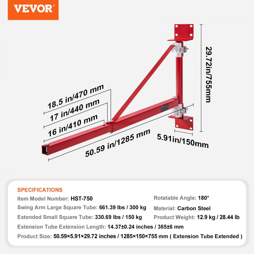 VEVOR Electric Hoist Support Arm, 660 lbs Max Load Capacity, Electric Hoist Holder Swing Arm with Pole, Steel Hoist Frame, 180° Swivel Scaffold Hoist Lifting Arm, Winch Hoist Arm for Workshop, Garage