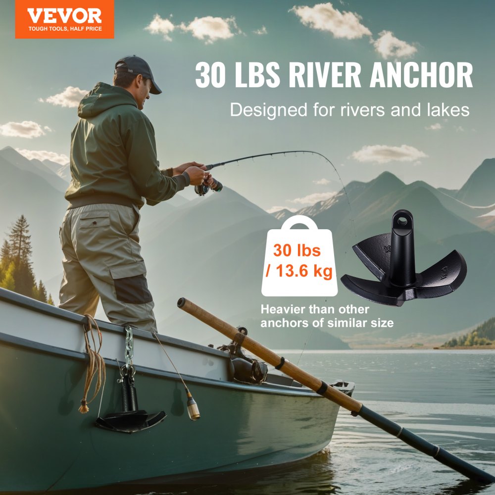 VEVOR River Anchor, 30 LBS Boat Anchor Cast Iron Black Vinyl-Coated, Marine Grade Mushroom Anchor for Boats Up To 30 ft, Impressive Holding Power in River and Mud Bottom Lakes
