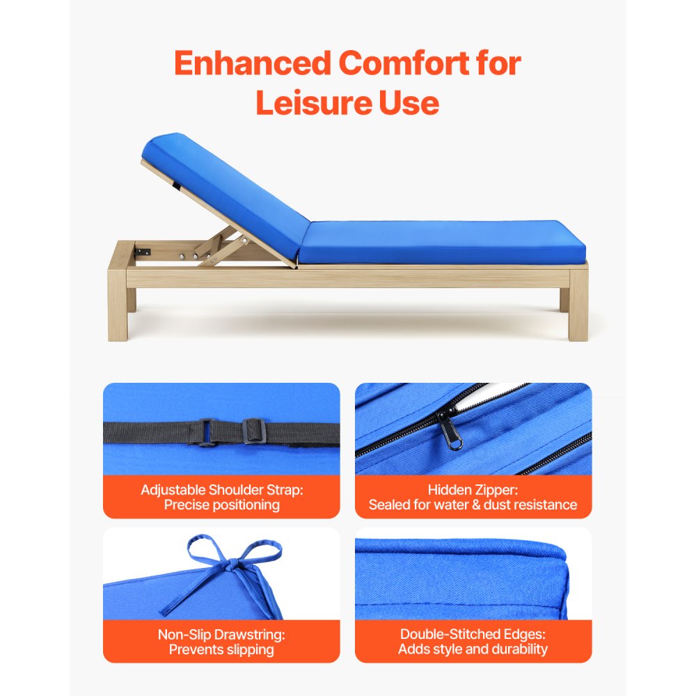 VEVOR Chaise Lounge Cushion, 72 x 21 x 3 in, Outdoor Lounge Chair Cushions, Waterproof & Fade-Resistant, Sun Lounger Replacement Cushions with Ties, Patio Lounger Pads for Pool Deck Lawn, Blue