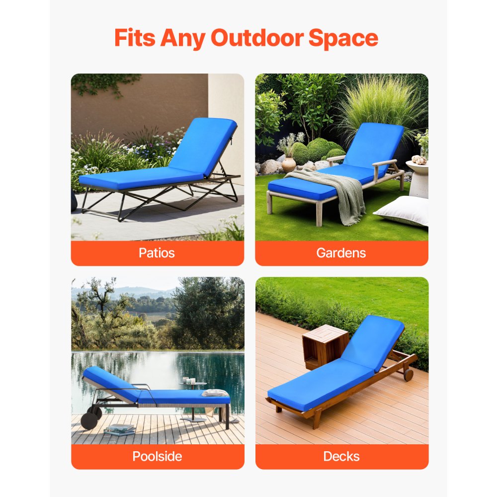VEVOR Chaise Lounge Cushion, 72 x 21 x 3 in, Outdoor Lounge Chair Cushions, Waterproof & Fade-Resistant, Sun Lounger Replacement Cushions with Ties, Patio Lounger Pads for Pool Deck Lawn, Blue