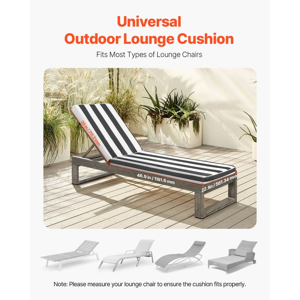 VEVOR Chaise Lounge Cushion, 74 x 22 x 3 in, Set of 2 Outdoor Lounge Chair Cushions, Waterproof & Fade-Resistant Sun Lounger Cushions with Ties, Patio Lounger Pads for Pool Deck, Black & White Stripes