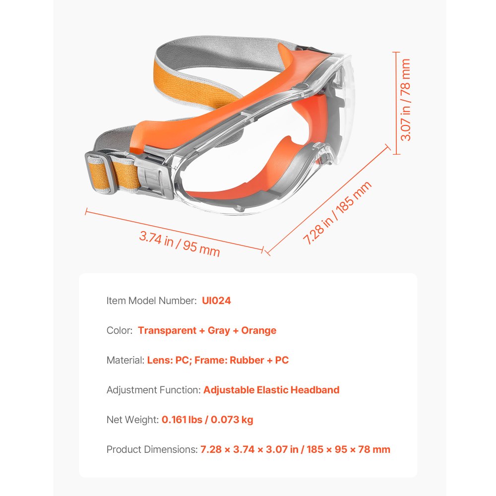 VEVOR Safety Glasses, Anti-Fog and Scratch-Resistant Clear Lens, Over Eyeglasses Safety Goggles with Adjustable Elastic Headband, ANSI Z87.1+ Protective Eye Goggles, for Work, Lab and Construction