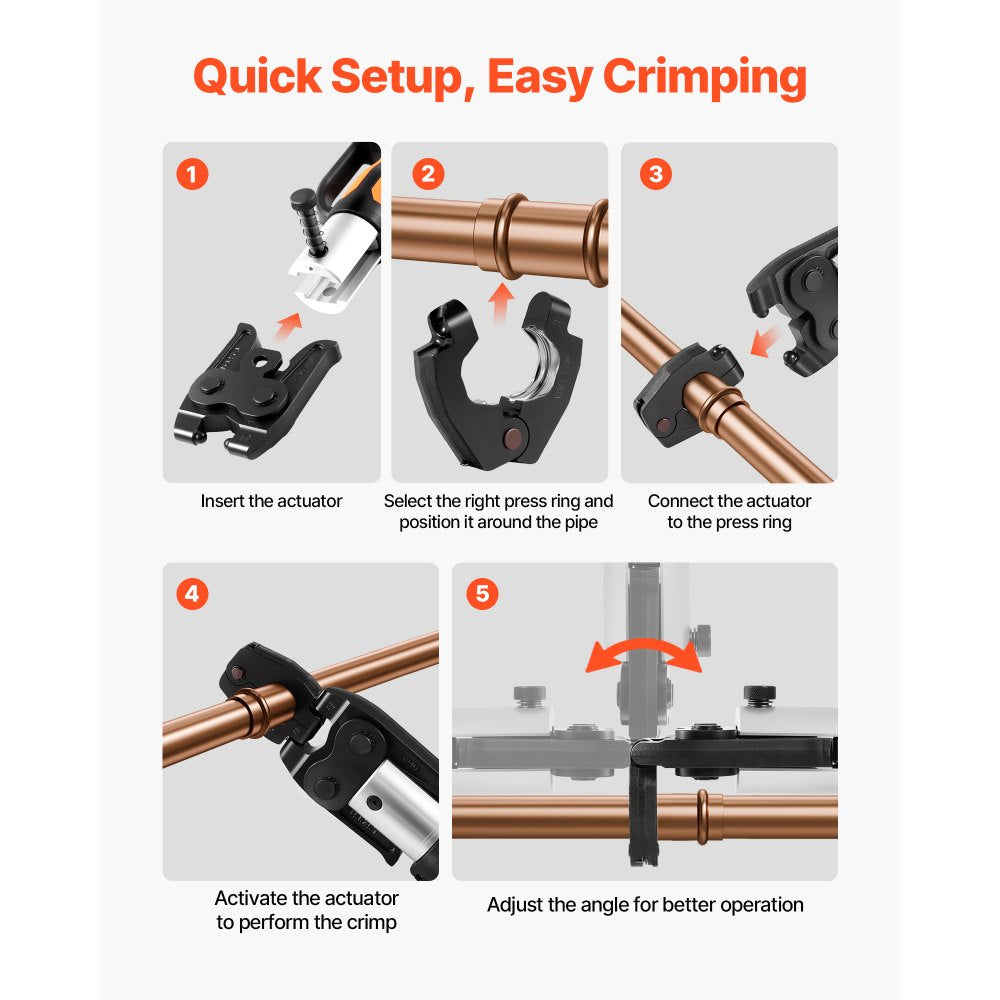 VEVOR 5PCS VUS Pressing Kit, 4PCS Press Rings (1/2", 3/4", 1", 1-1/4") & R8 Actuator - Compatible with ProPress Copper Pipes, Work with 32KN Standard Press Tools for 180° Operation