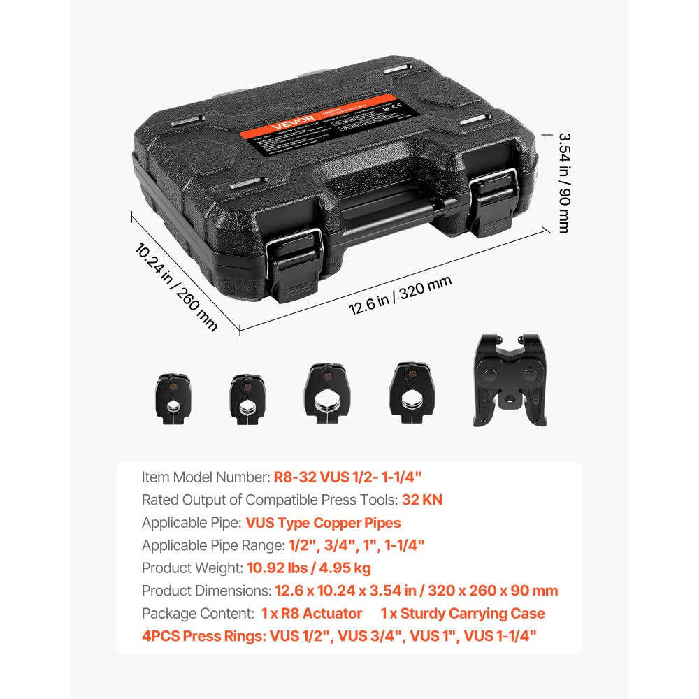VEVOR 5PCS VUS Pressing Kit, 4PCS Press Rings (1/2", 3/4", 1", 1-1/4") & R8 Actuator - Compatible with ProPress Copper Pipes, Work with 32KN Standard Press Tools for 180° Operation