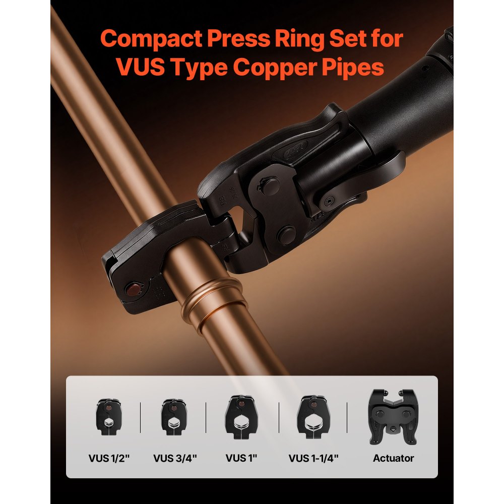 VEVOR 5PCS VUS Pressing Kit, 4PCS Press Rings (1/2", 3/4", 1", 1-1/4") & R8 Actuator - Compatible with ProPress Copper Pipes, Work with 24KN Compact Press Tools for 180° Operation