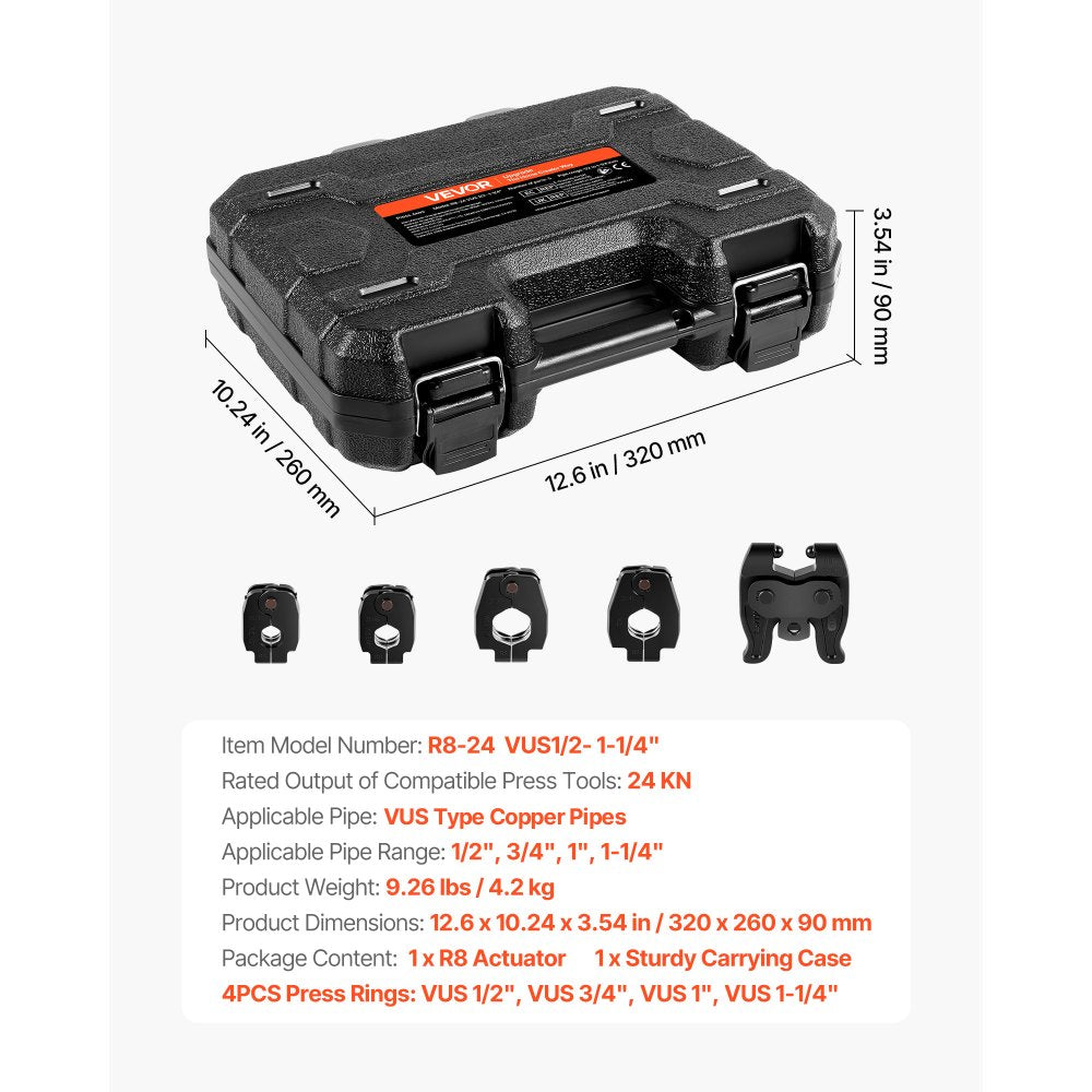 VEVOR 5PCS VUS Pressing Kit, 4PCS Press Rings (1/2", 3/4", 1", 1-1/4") & R8 Actuator - Compatible with ProPress Copper Pipes, Work with 24KN Compact Press Tools for 180° Operation