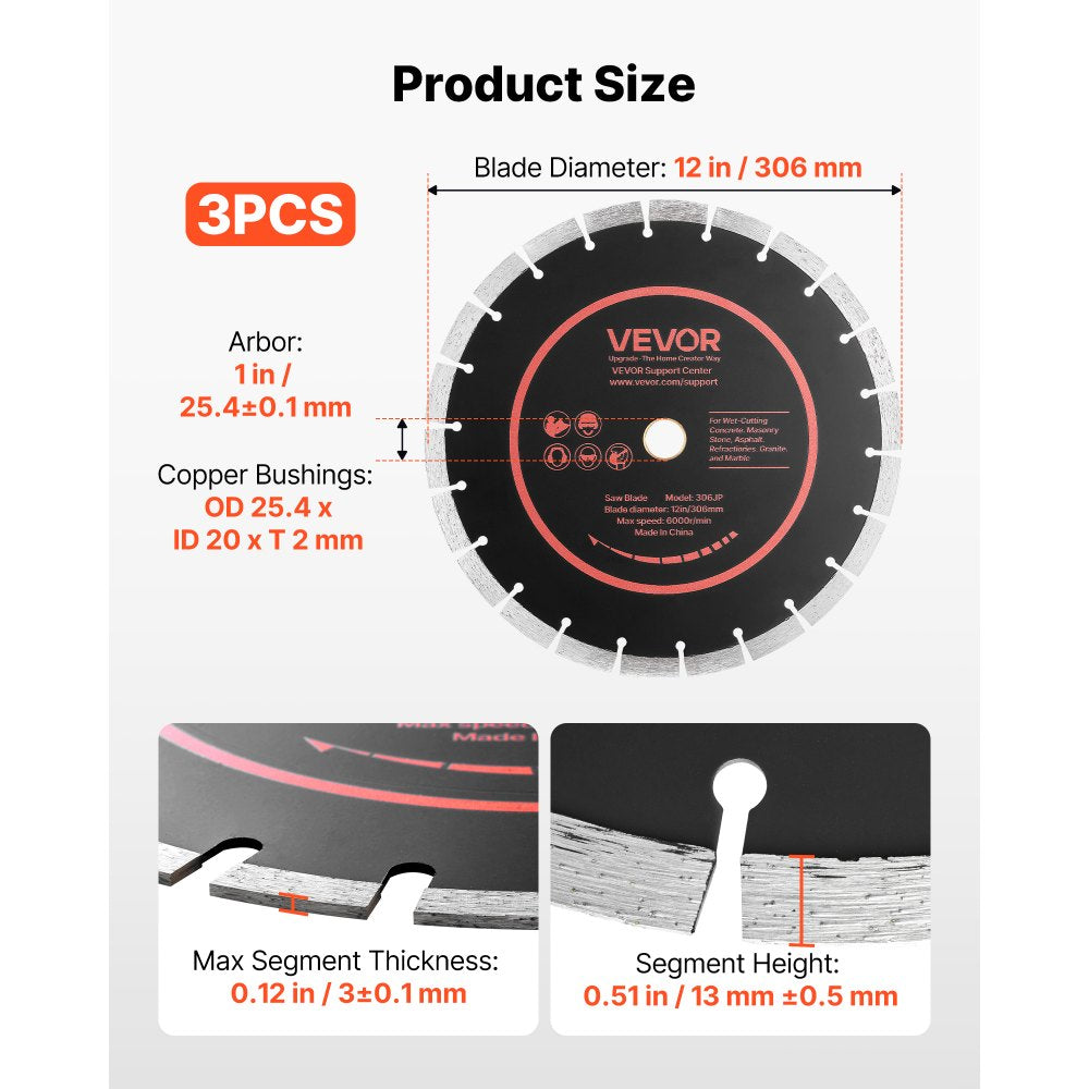 VEVOR Diamond Blades 12 inch, 3-Pack Concrete Saw Blade Set, 1 in Arbor, High-Hardness Diamond Segments, 65Mn Steel Core, Dry Wet Cutting, Clean Edges for Concrete, Masonry, Brick, Stone, Granite