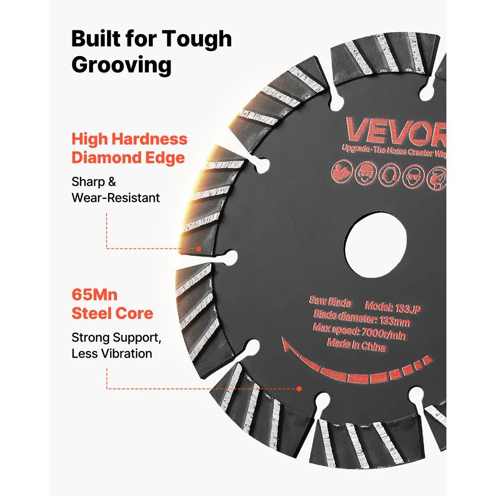 VEVOR Diamond Blades 5.24 inch, 5-Pack Wall Chaser Saw Blade Cutting Blade, 0.79 in Arbor, High-Hardness Diamond Segments, 65Mn Steel Core, Dry Wet Cutting, Clean Edges for Concrete Brick Stone Cement