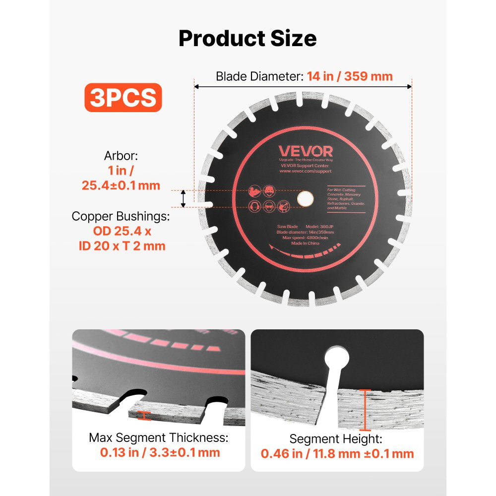 VEVOR Diamond Blades 14 inch, 3-Pack Concrete Saw Blade Set, 1 in Arbor, High-Hardness Diamond Segments, 65Mn Steel Core, Dry Wet Cutting, Clean Edges for Concrete, Masonry, Brick, Stone, Granite