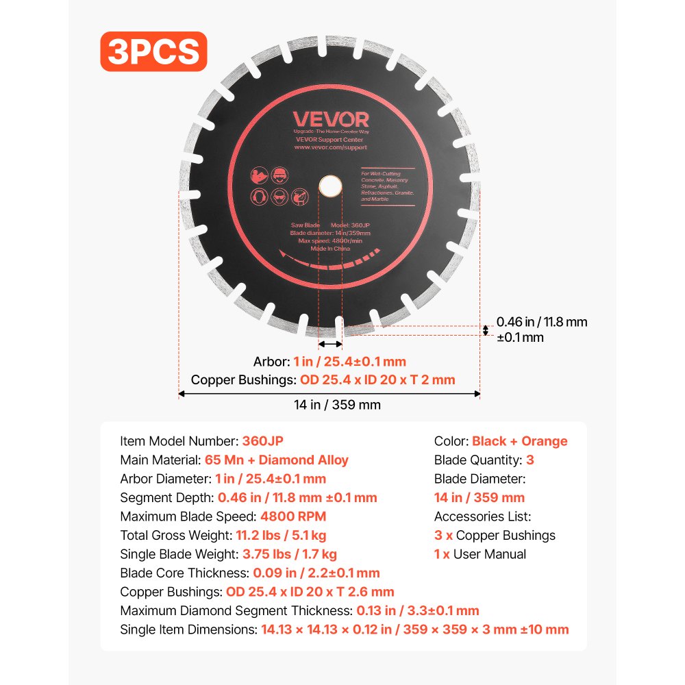 VEVOR Diamond Blades 14 inch, 3-Pack Concrete Saw Blade Set, 1 in Arbor, High-Hardness Diamond Segments, 65Mn Steel Core, Dry Wet Cutting, Clean Edges for Concrete, Masonry, Brick, Stone, Granite