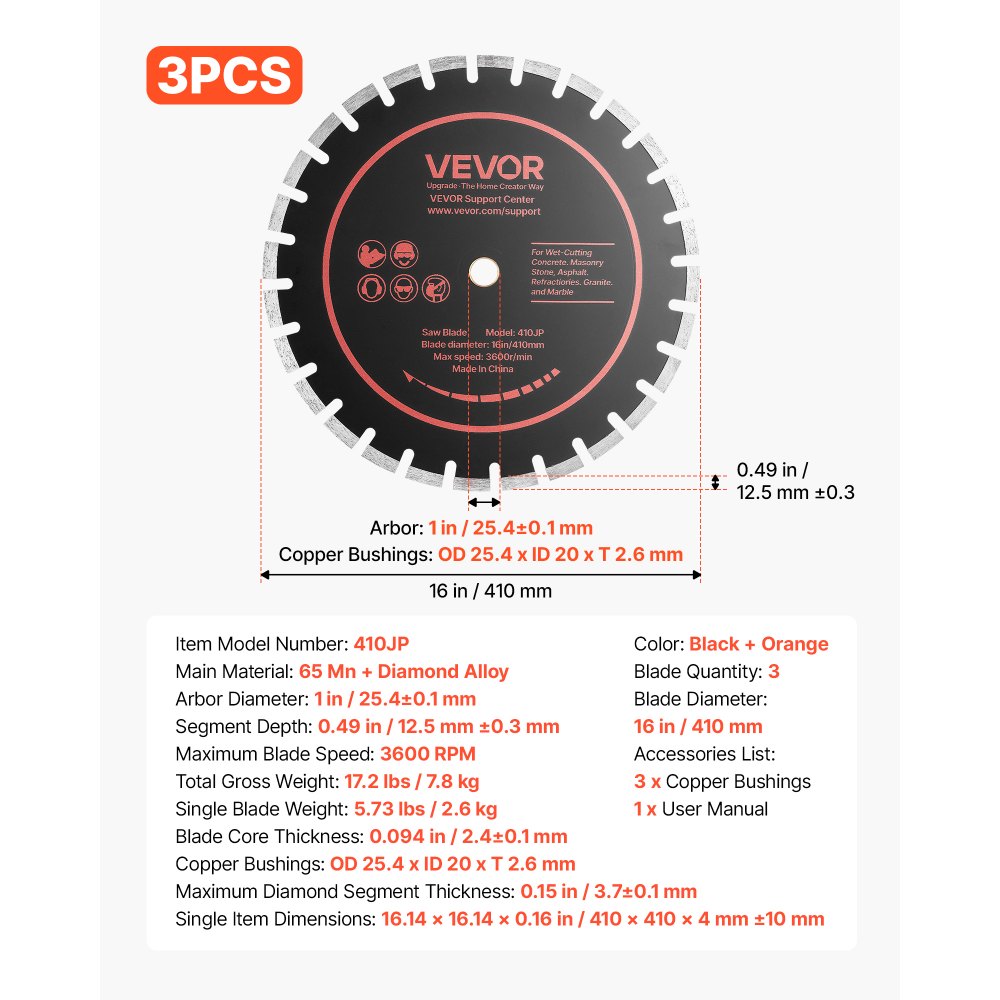 VEVOR Diamond Blades 16 inch, 3-Pack Concrete Saw Blade Set, 1 in Arbor, High-Hardness Diamond Segments, 65Mn Steel Core, Dry Wet Cutting, Clean Edges for Concrete, Masonry, Brick, Stone, Granite