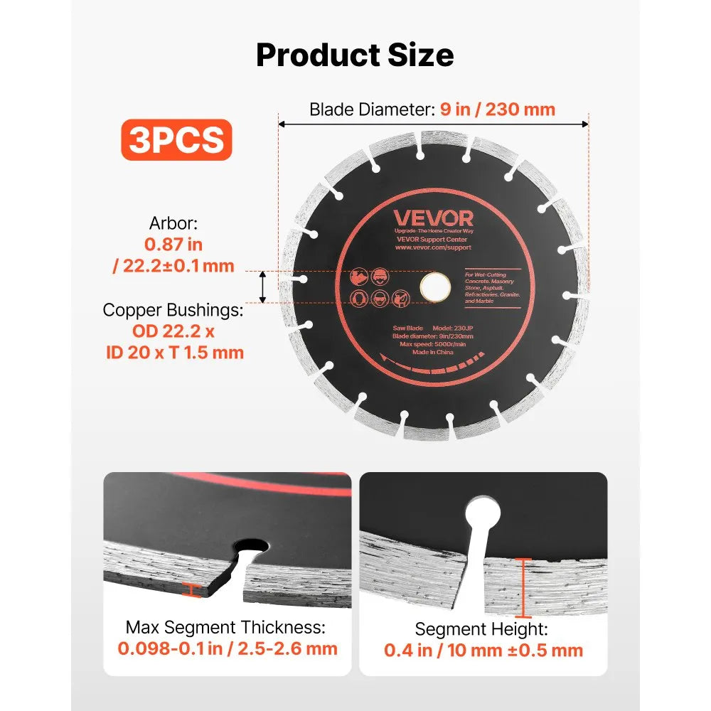 VEVOR Diamond Blades 9 inch, 3-Pack Concrete Saw Blade Set, 7/8 in Arbor, High-Hardness Diamond Segments, 65Mn Steel Core, Dry Wet Cutting, Clean Edges for Concrete, Masonry, Brick, Stone, Granite