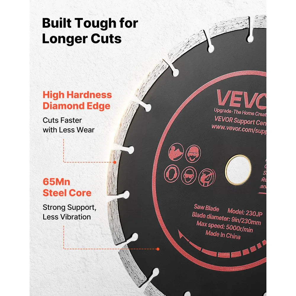 VEVOR Diamond Blades 9 inch, 3-Pack Concrete Saw Blade Set, 7/8 in Arbor, High-Hardness Diamond Segments, 65Mn Steel Core, Dry Wet Cutting, Clean Edges for Concrete, Masonry, Brick, Stone, Granite