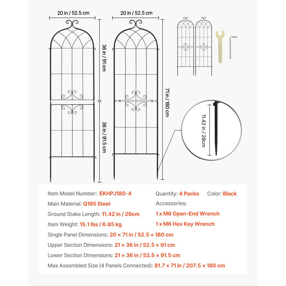 VEVOR Garden Trellis, 71 x 20 inch Rose Trellis, 4 Packs Garden Flower Rose Trellises with Powder-Coated Finish & Convenient Locking Design, Plant Support Trellises for Flowers, Vegetables, Roses