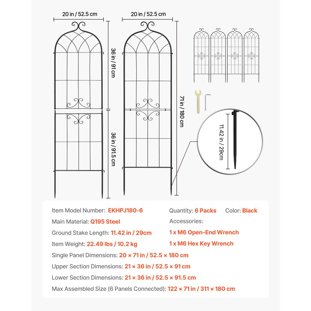 VEVOR Garden Trellis, 71 x 20 inch Rose Trellis, 6 Packs Garden Flower Rose Trellises with Powder-Coated Finish & Convenient Locking Design, Plant Support Trellises for Flowers, Vegetables, Roses