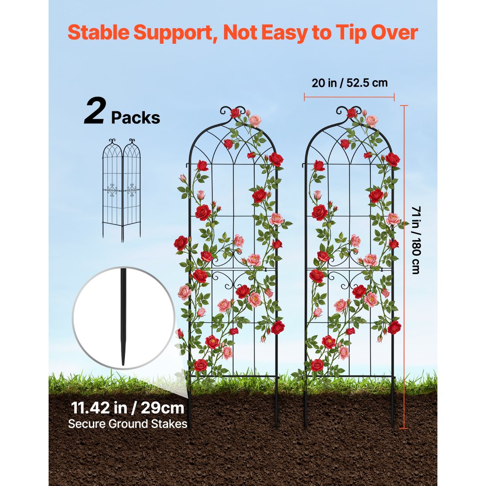 VEVOR Garden Trellis, 71 x 20 inch Rose Trellis, 2 Packs Garden Flower Rose Trellises with Powder-Coated Finish & Convenient Locking Design, Plant Support Trellises for Flowers, Vegetables, Roses