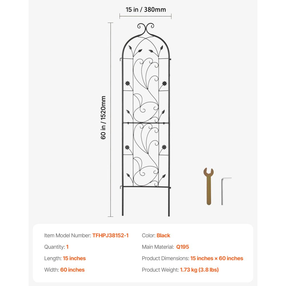 VEVOR Garden Trellis for Climbing Plants, 60 x 15 in, Rustproof Metal Garden Flower Trellis, Outdoor Climbing Rose Trellis Cucumbers Support, Decorative Tall Clematis Trellis for Courtyards Lawns