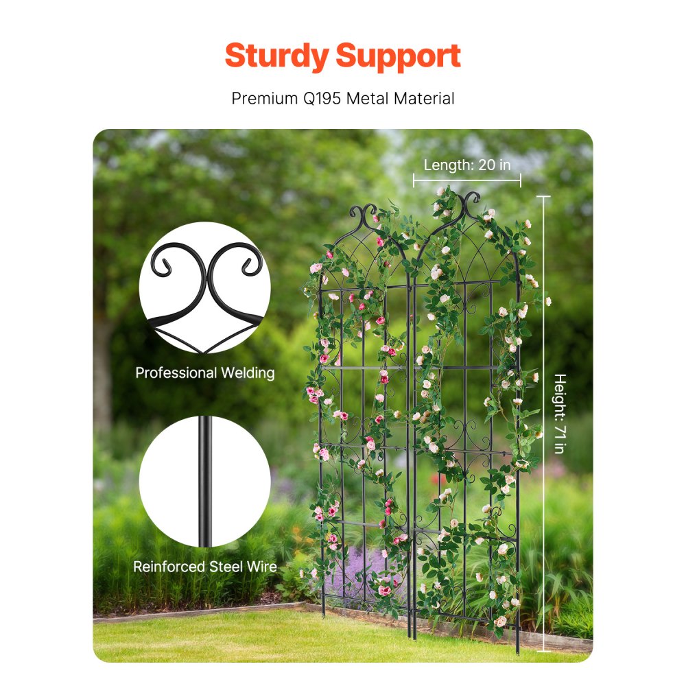 VEVOR Garden Trellis for Climbing Plants, 71 x 20 in, 2 Packs Rustproof Metal Garden Flower Trellis, Outdoor Climbing Rose Trellis Cucumbers Support, Decorative Clematis Trellis for Courtyards Lawns