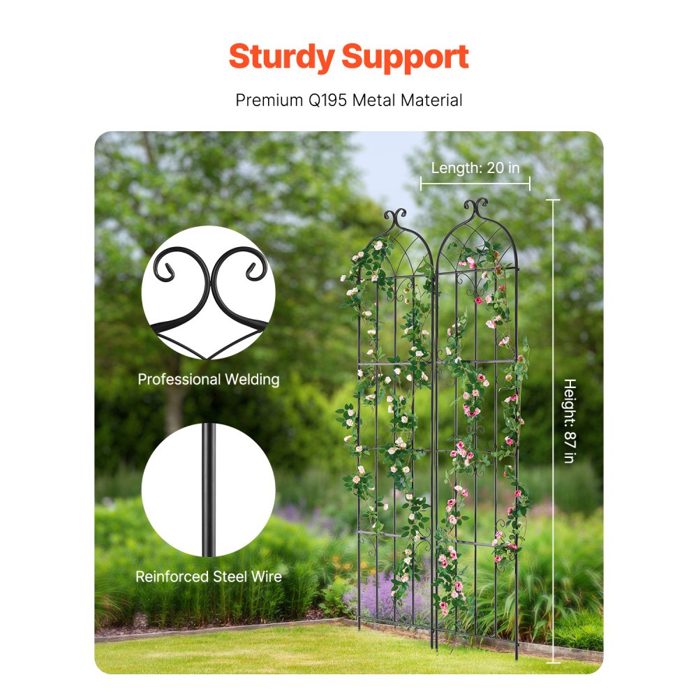 VEVOR Garden Trellis for Climbing Plants, 87 x 20 in, 2 Packs Rustproof Metal Garden Flower Trellis, Outdoor Climbing Rose Trellis Cucumbers Support, Decorative Clematis Trellis for Courtyards Lawns