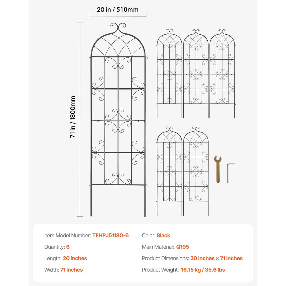 VEVOR Garden Trellis for Climbing Plants, 71 x 20 in, 6 Packs Rustproof Metal Garden Flower Trellis, Outdoor Climbing Rose Trellis Cucumbers Support, Decorative Clematis Trellis for Courtyards Lawns