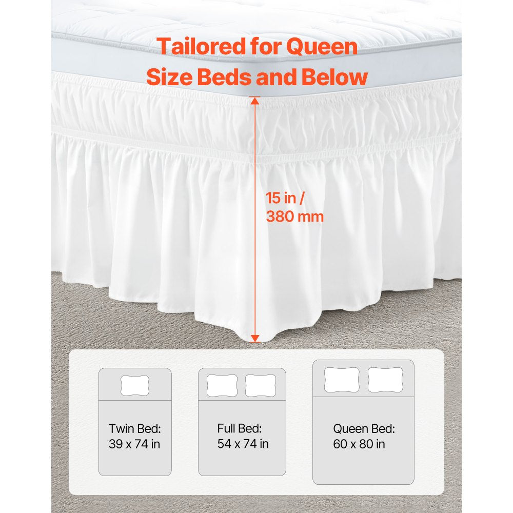 VEVOR Wrap Around Bed Skirt, 15 in Drop, White Dust Ruffle Queen Size, Three Sides Adjustable Bedskirt with Easy Fit Elastic Strap, Wrinkle-Free & Fade-Resistant, Machine Washable, for Queen Size Bed