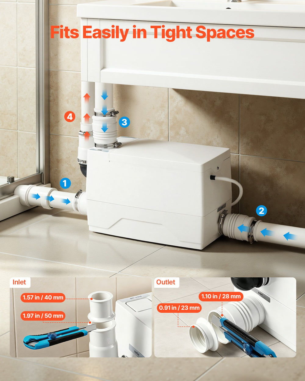 VEVOR Utility Sink Pump 350W 7200L/h Flow 26.2 ft / 8 m Head Drain Pump, Waste Water Disposal Machine with 3 Inlets, Portable & Powerful Performance, for Basement, Kitchen, Sink, Shower, Gray Water