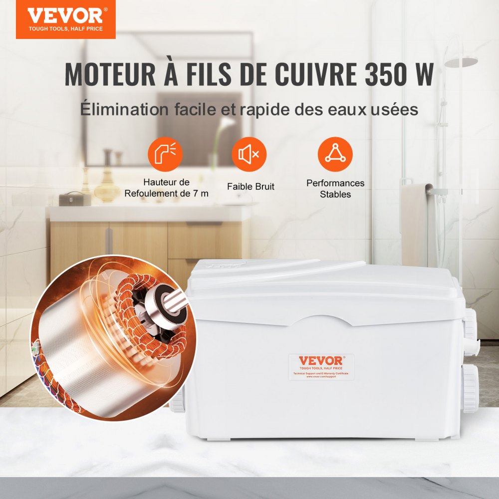 VEVOR Macerator Pump, 350W, 6000 L/h Flow, 23 ft/7 m Head, Macerator Sewerage Sump Pump with 3 Water Inlets for Basement, Kitchen, Sink, Shower, Bathtub, Laundry Waste Water Disposal Upflush Machine