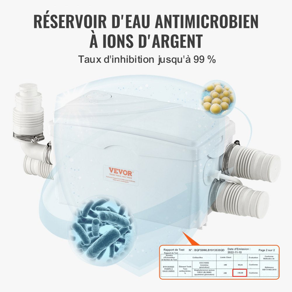 VEVOR Macerator Pump, 350W, 6000 L/h Flow, 23 ft/7 m Head, Macerator Sewerage Sump Pump with 3 Water Inlets for Basement, Kitchen, Sink, Shower, Bathtub, Laundry Waste Water Disposal Upflush Machine