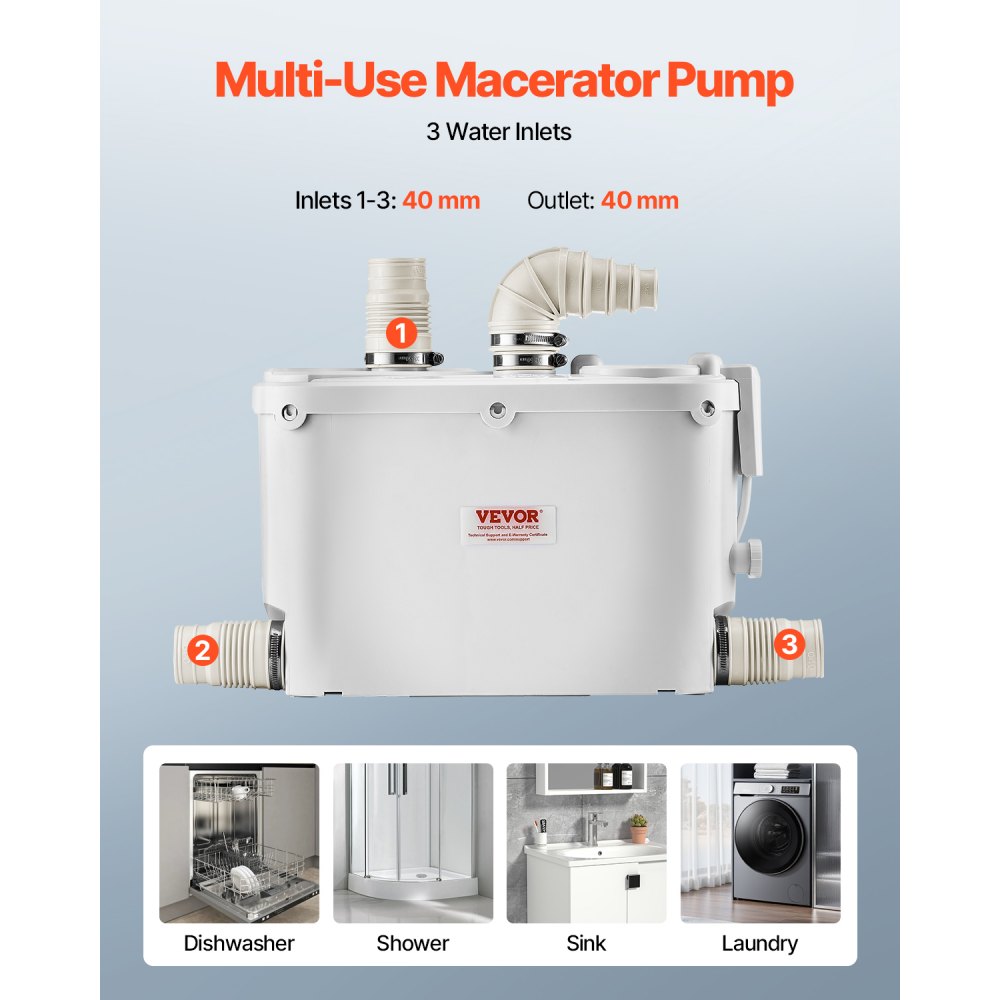 VEVOR Macerator Pump, 500W, 29 GPM Flow, 26 ft/8 m Head, Macerator Sewerage Toilet Pump with 4 Water Inlets, Waste Water Disposal Upflush Machine for Kitchen, Basement, Shower, Sink, Laundry, Bathtub