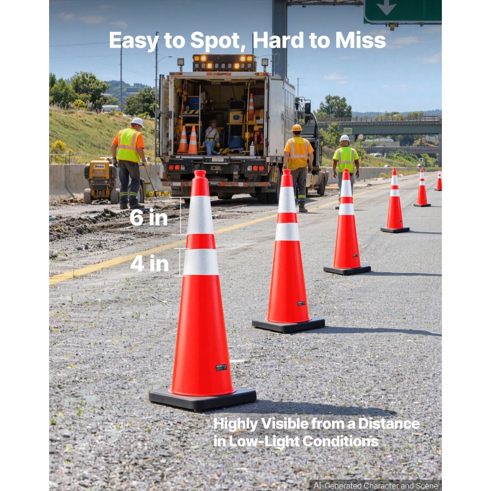 VEVOR Traffic Safety Cones 8 Pack 36 Inch Flexible PVC Orange Traffic Cones, For Highway Warning or Traffic Control, Weighted Black Base, Reflective Collar Visible at Night, Heavy Duty, Easy Storage