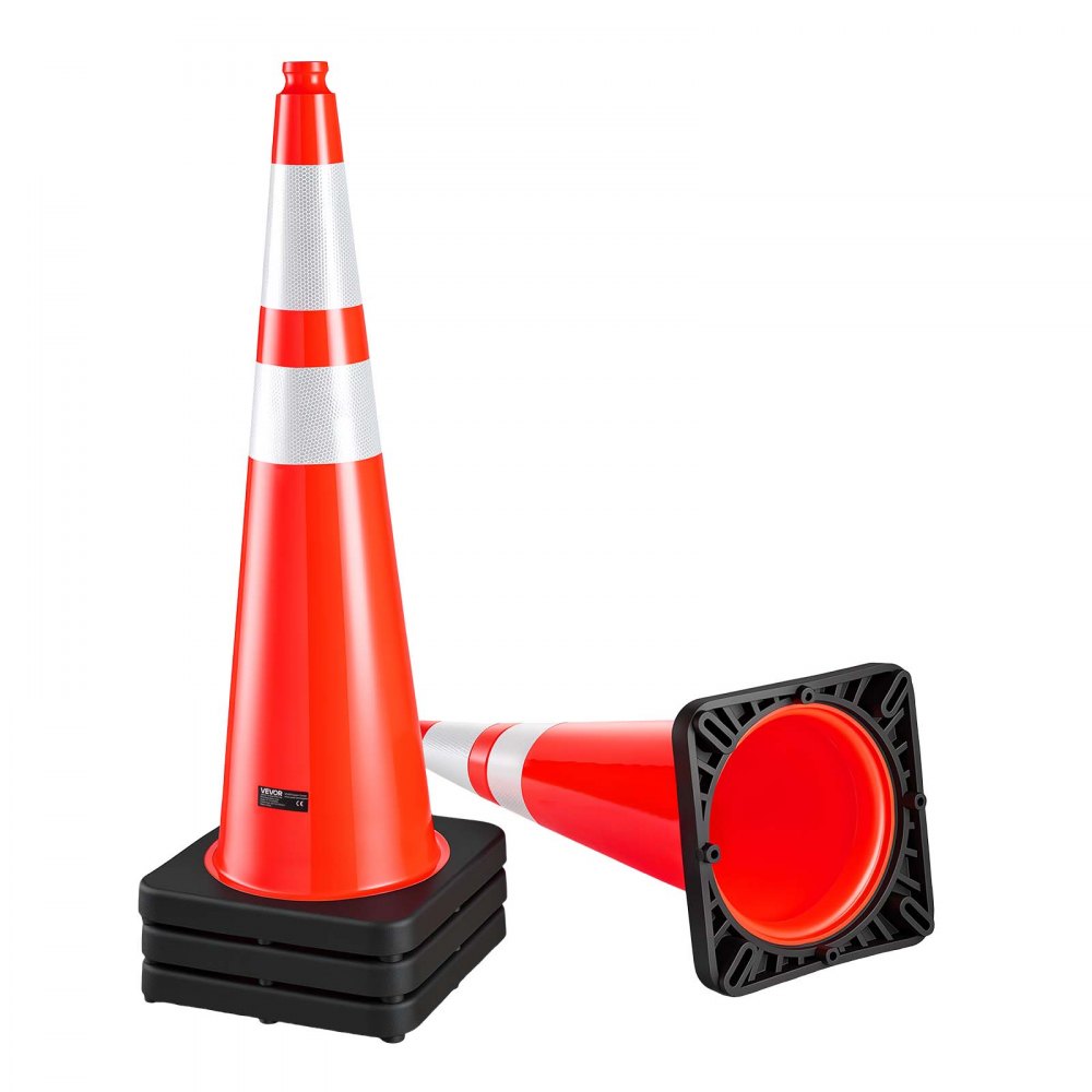 VEVOR Traffic Safety Cones 8 Pack 36 Inch Flexible PVC Orange Traffic Cones, For Highway Warning or Traffic Control, Weighted Black Base, Reflective Collar Visible at Night, Heavy Duty, Easy Storage