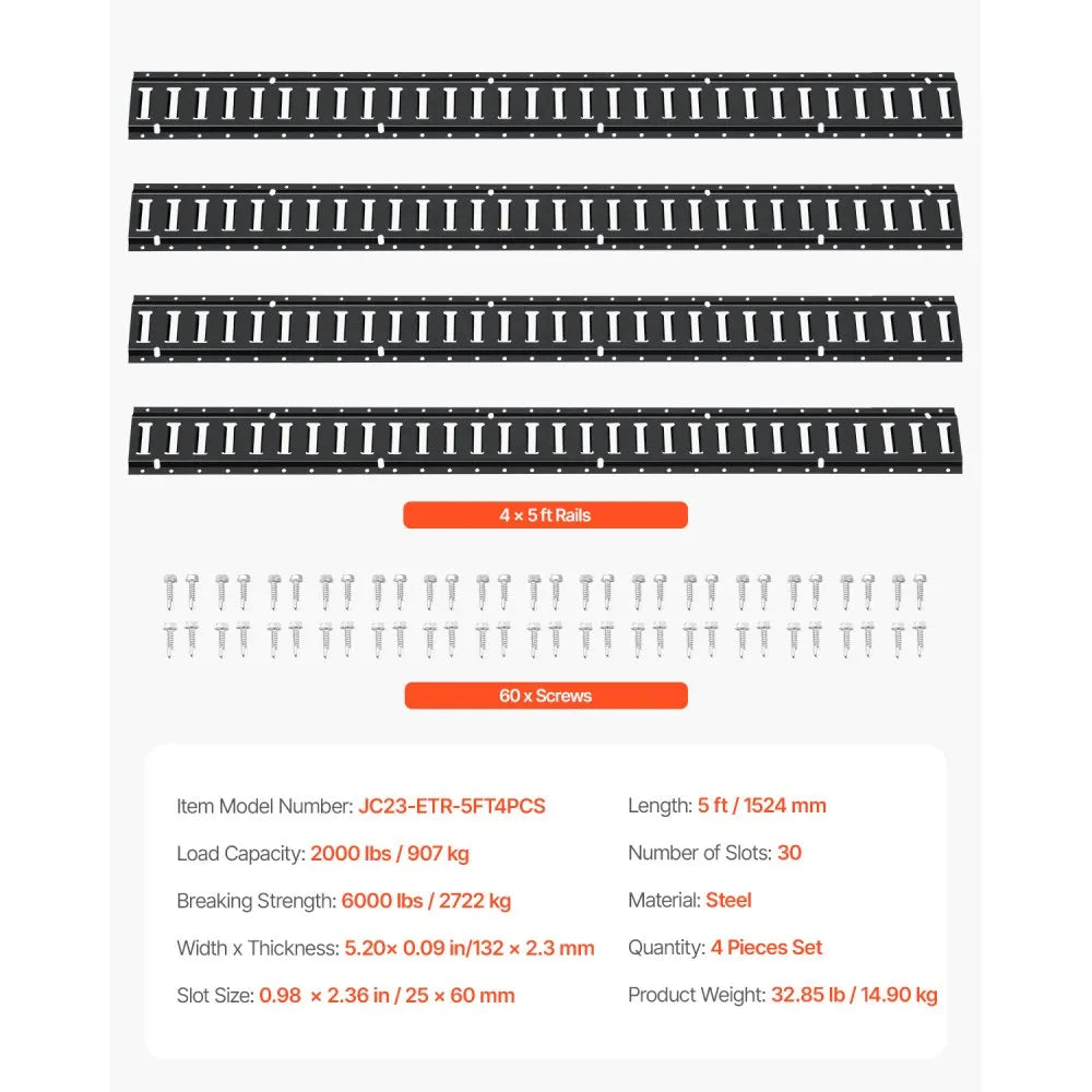 VEVOR E Track Tie Down Rail Kit, 5' Steel Rails, 4 Pack, Secure Cargo & Heavy Loads Up to 2000 lbs, Heavy Duty Etrack Rails with Screws for Garages, Vans, Trailers, Motorcycle Tie Downs, ATV Mountings