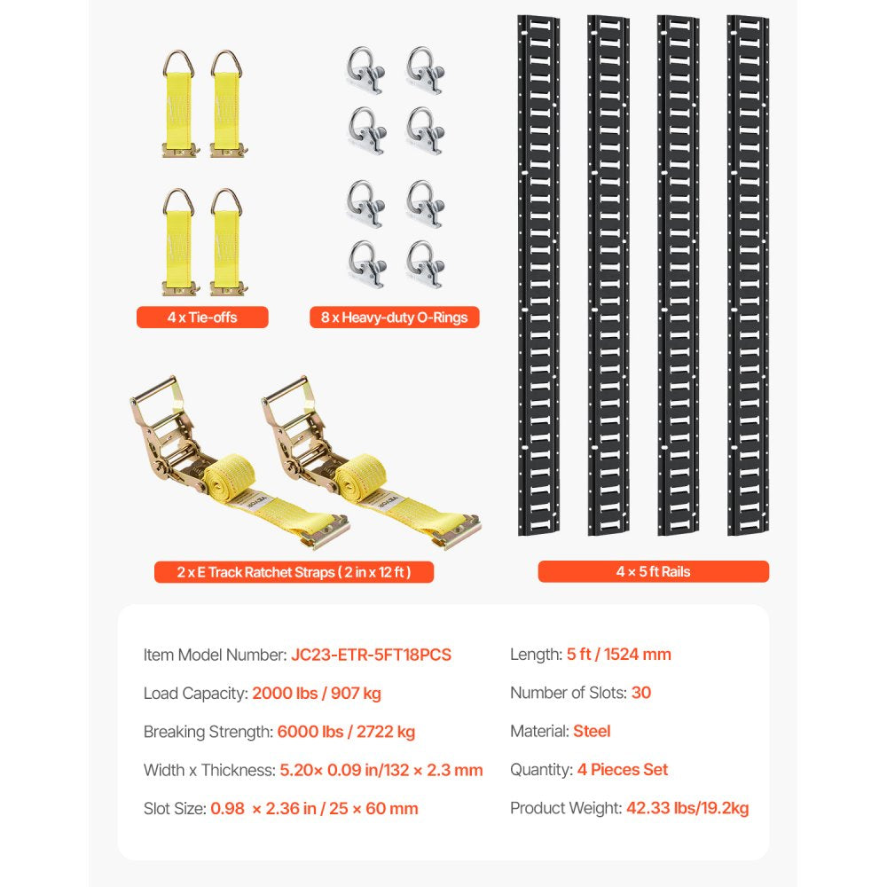 VEVOR E Track Tie-Down Rail Kit, 18PCS 5' E-Tracks Set Includes 4 Steel Rails & 8 O-Ring Anchors & 4 Tie-Offs with D-Ring & 2 Ratchet Straps, Securing Accessories for Cargo Motorcycles Bikes, 2000 lbs